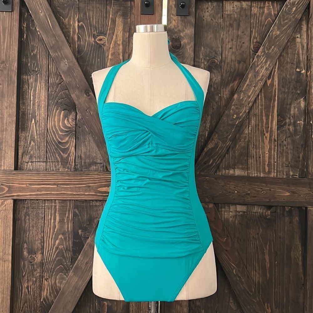 La Blanca turquoise ruched halter swimsuit Sz- 8